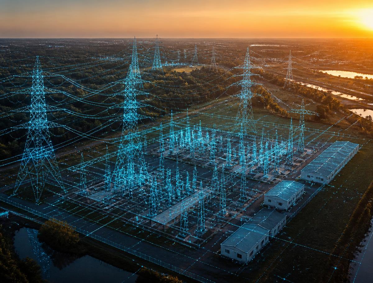 Aerial view of a high-voltage electrical substation and transmission network at sunset with a digital-twin LiDAR overlay
